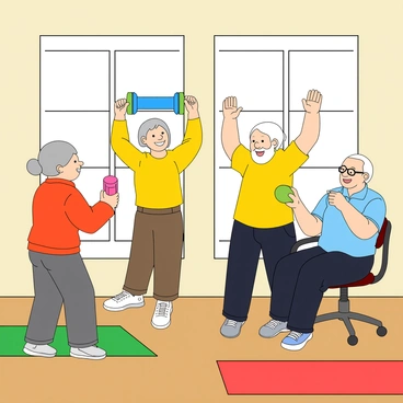 Seniors participating in a gentle fitness class with light weights and smiles.