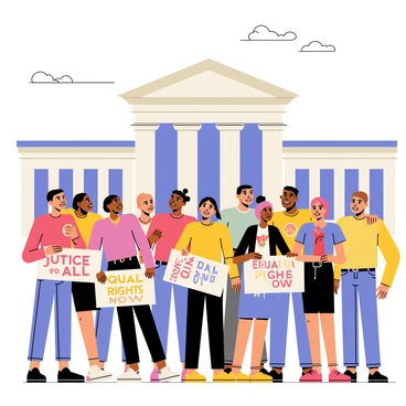 A diverse group of people standing in front of a large courthouse. The crowd includes individuals of various ethnicities and ages, each holding colorful signs with messages of protest. Some signs read "Justice for All" and "Equal Rights Now" in bold letters. The courthouse has tall columns and large windows, creating a backdrop for the scene. The sky above is clear, and a few fluffy white clouds can be seen. The expressions on the faces of the protesters show determination and passion for their cause.