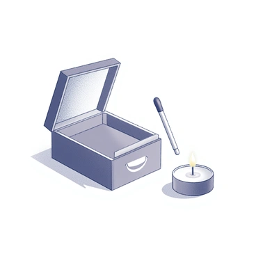 A matchbox with a smiling face is positioned prominently in the center of the image. The matchbox's lid is slightly open, revealing a single matchstick held upright, as if offering it to a small candle placed nearby. The candle is round with a short wick, showing a tiny flame at the top, casting a soft light. The background is simple, emphasizing the interaction between the smiling matchbox and the candle.