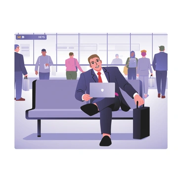 A business traveler is seated on a gray airport bench. The traveler is a middle-aged man with light brown hair and wearing a navy blue suit with a white dress shirt and a red tie. He is holding a black briefcase in his left hand and has a silver laptop open on his lap. Around him, there are various travelers walking by and airport signage in the background. The floor is polished, and there are large glass windows showing airplanes outside. The atmosphere is busy with people moving to and from their gates.