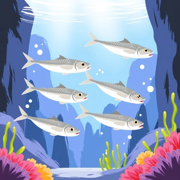 A swarm of barracudas with sleek, silver bodies and sharp teeth is darting through an underwater rock formation. The rock formation consists of rugged, textured surfaces covered with patches of colorful coral. Bubbles rise from the movement of the barracudas, creating a dynamic underwater scene. Light filters through the water, casting soft beams that illuminate the vibrant colors of the coral and the shimmering scales of the fish. The barracudas move in a coordinated manner, showcasing their agility and speed as they navigate the crevices of the rocks.
