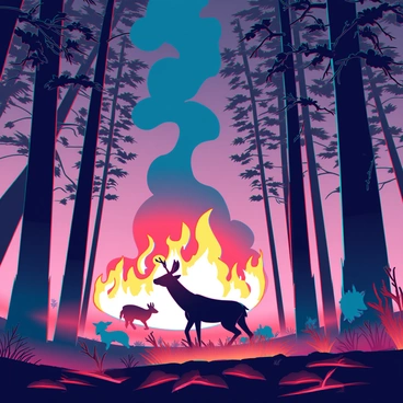 A dense forest of tall trees engulfed in flames, with vibrant orange and yellow fire illuminating the scene. Thick, dark smoke rises into the air, swirling and billowing above the treetops. Various wildlife, including deer and rabbits, are fleeing the scene in panic. The ground is covered in fallen leaves and branches, which are also catching fire. The intense light from the flames contrasts sharply with the shadows cast by the remaining trees.