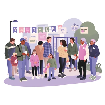 A vibrant scene capturing a busy polling station on election day. In the foreground, a diverse group of people is lined up, eager to cast their votes. There are individuals with various skin tones, wearing casual clothing, some holding identification cards. A young woman with curly black hair is chatting with an elderly man in a plaid shirt. To the left, a family with children is seen approaching the entrance, with one child holding a small flag. Colorful banners with the words "Vote Here" are prominently displayed around the polling station. In the background, a clear blue sky adds to the lively atmosphere, while trees sway gently. A few bicycles are parked nearby, and a sign indicates the polling hours. The overall scene is filled with energy and anticipation.