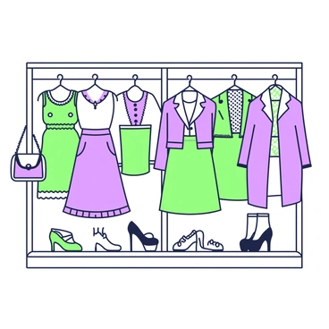 A wardrobe stands open, displaying a variety of outfits from different decades arranged side by side. On the left, a 1920s flapper dress with fringe details hangs alongside a pair of classic beaded clutches. Next to it, a 1950s poodle skirt is paired with a fitted cardigan and saddle shoes. In the center, a vibrant 1970s disco outfit with bell-bottoms and a sequined top is visible, along with platform shoes. To the right, an 1980s power suit with broad shoulders and a bold patterned blouse contrasts with a miniskirt. Each outfit is clearly defined, showcasing the unique style of its era.