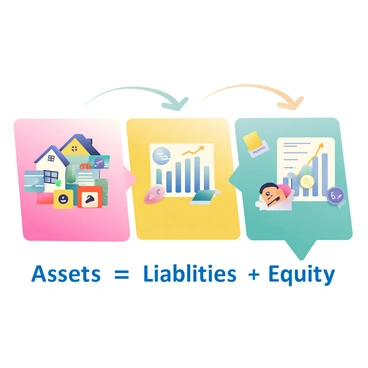 A diagram showcasing the accounting equation "Assets = Liabilities + Equity" is presented prominently. The diagram features three distinct sections labeled "Assets," "Liabilities," and "Equity," each in a different color. The "Assets" section is filled with images representing various assets, such as houses, cash, and equipment. The "Liabilities" section includes illustrations of bills, loans, and credit cards, while the "Equity" section displays a chart showing growth and investment. Connecting arrows illustrate the relationship between the three sections, emphasizing the equation's balance, and the background is a soft gradient that complements the colors of the sections.