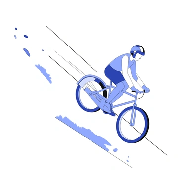 A bicycle rider is descending a steep hill, leaning slightly forward. The rider is gripping the handlebars firmly while applying the brakes. The bicycle wheels are beginning to skid, leaving faint tire marks on the surface. Dust and small stones are being kicked up behind the bicycle. The rider is wearing a helmet and protective gear, indicating safety precautions. The scene captures the moment where friction plays a critical role in the slowing down process, showcasing the dynamic tension in the situation.