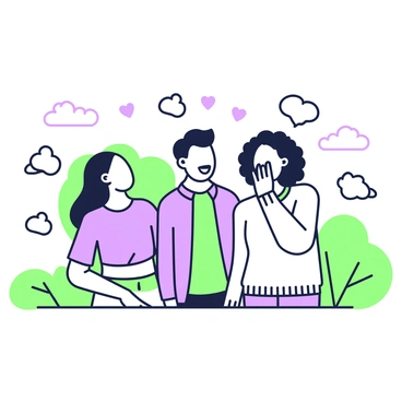 A group of three friends is gathered in a park, sharing a moment of laughter. The first friend, a woman with long hair wearing a casual t-shirt, is leaning slightly forward, her mouth open in a joyous laugh. The second friend, a man with short hair in a button-up shirt, is throwing his head back, laughing heartily. The third friend, a woman with curly hair dressed in a light sweater, is playfully covering her face with one hand while laughing. Surrounding them are heart lines sketched in a whimsical manner, emphasizing the bond of friendship they share. The background features soft outlines of trees and a few scattered clouds.