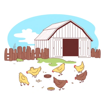 A classic barnyard scene with hens and a red barn in the background