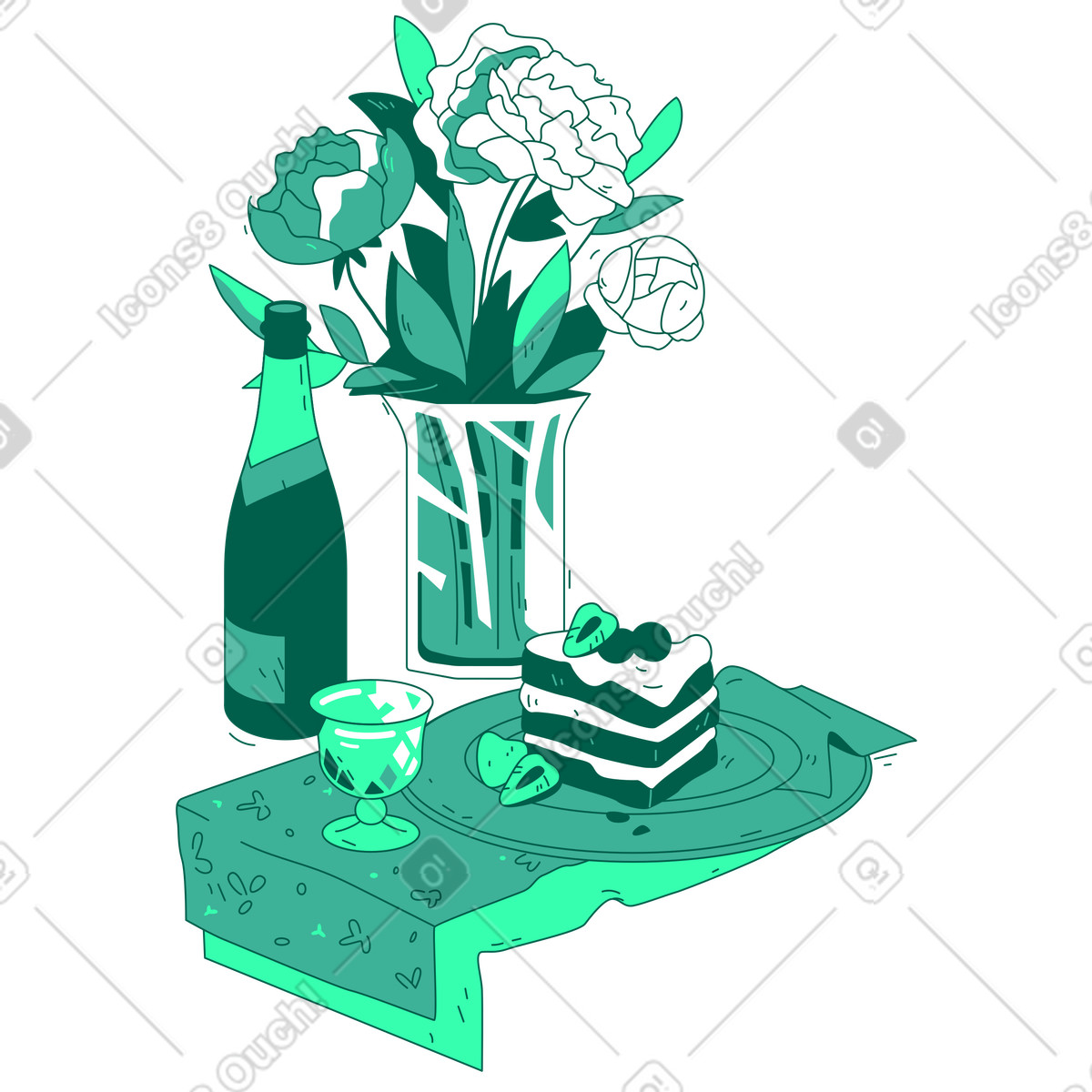 Cake slice, a bouquet and champagne illustration in Storyline style download in PNG, SVG