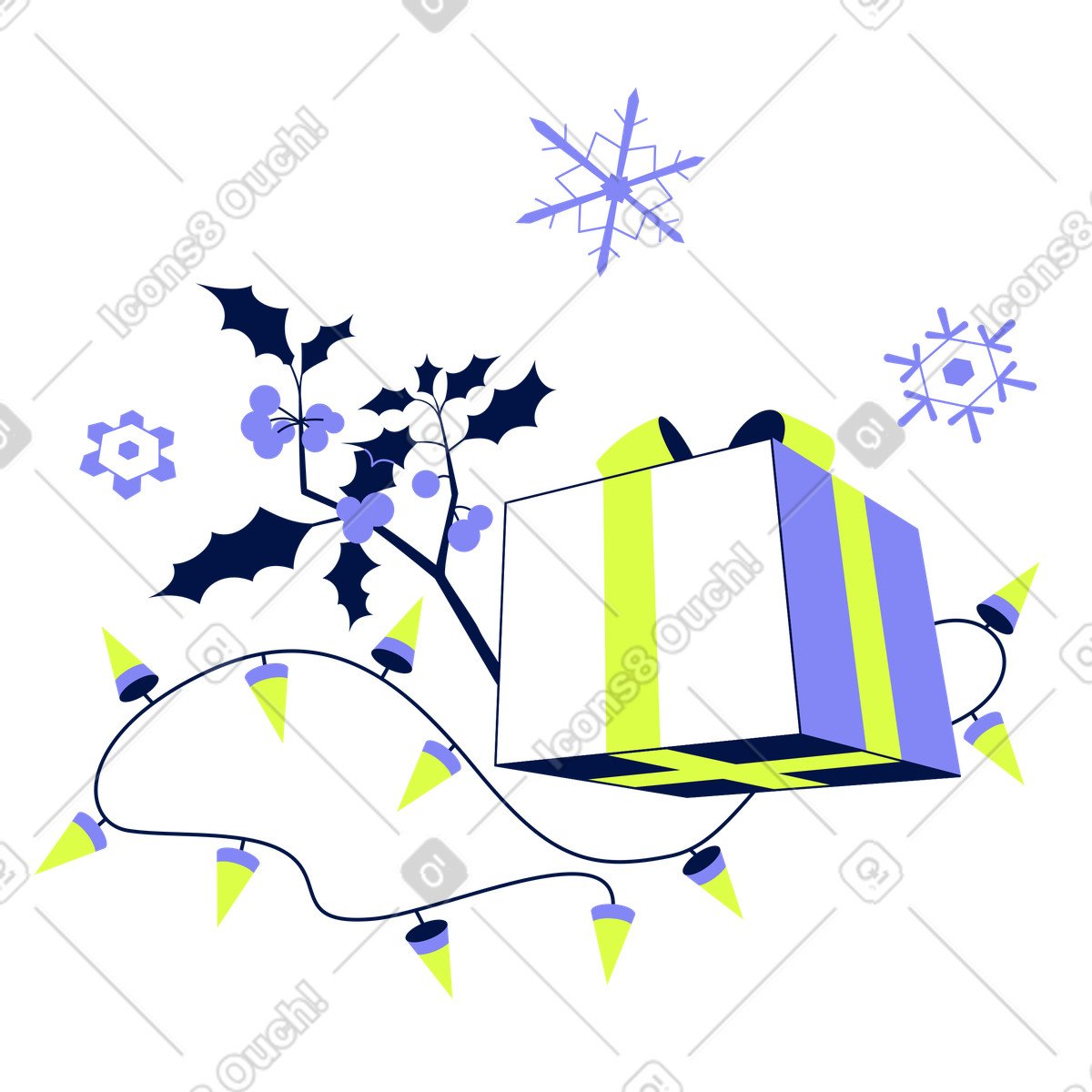 Gift box with holly and string lights, Christmas holiday decorations illustration in Glow style download in PNG, SVG
