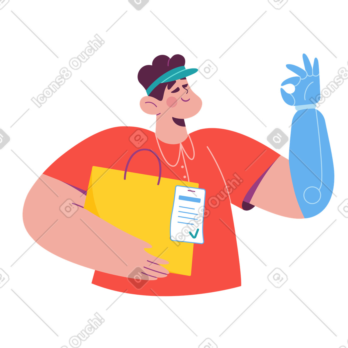 Smiling courier making OK gesture with bionic arm, Diversity and equal employment in delivery industry illustration Sammy style download PNG, SVG