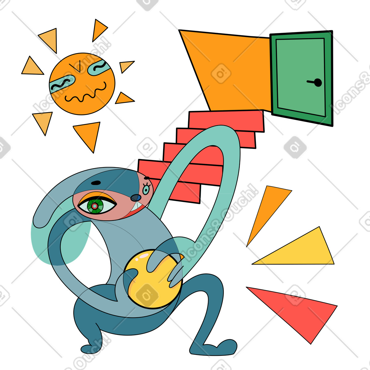Kaninchen ging aus dem eingang mit ball in einem sonnigen tag-Illustration im Surr-Stil als Download PNG, SVG