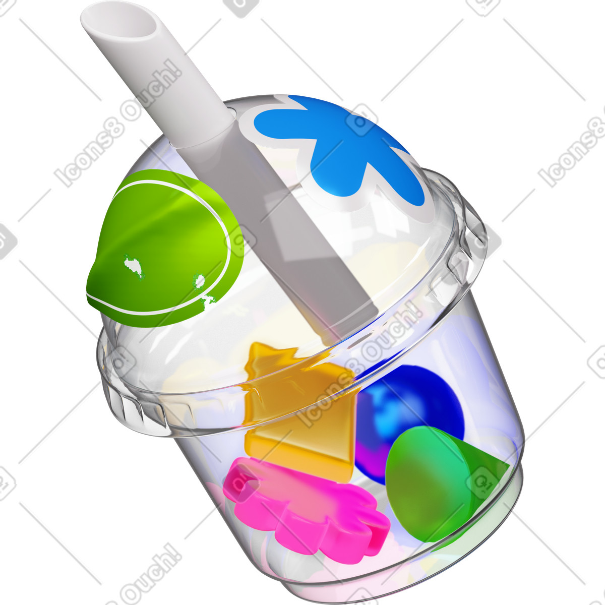 Plastic cup with abstract figures and stickers illustrazione animata in stile 3D Stickle scaricabile in GIF, Lottie (JSON), AE