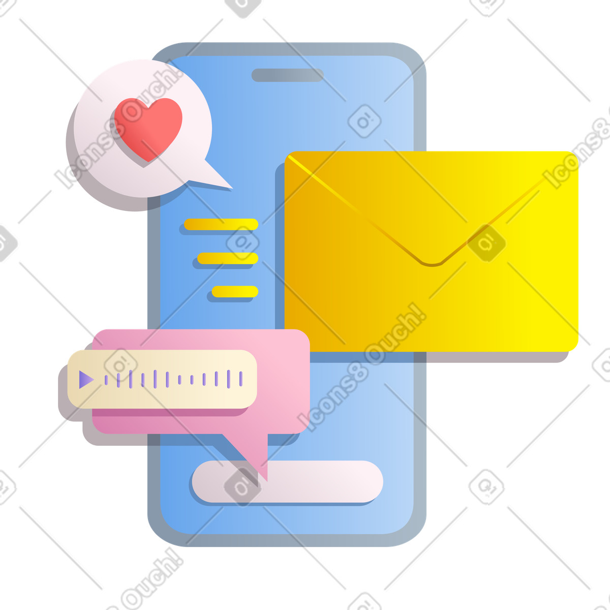 Illustration Smartphone with chat bubbles and envelope, Online messaging communication dans le style Silky à télécharger aux formats PNG, SVG