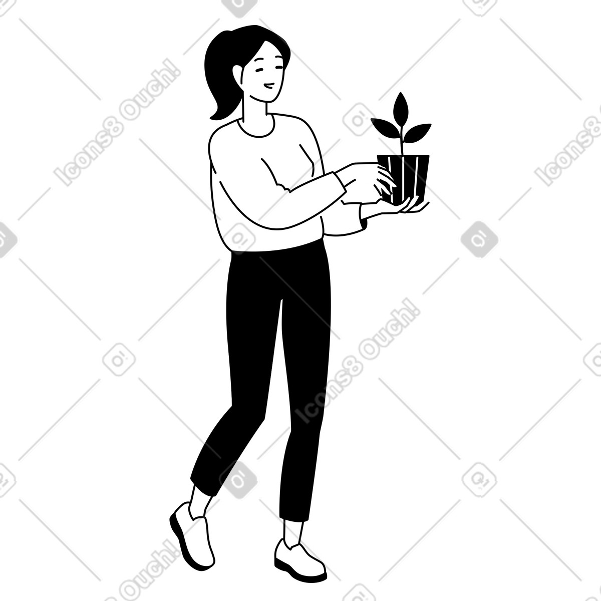 Giovane donna con un vaso di fiori in mano illustrazione stile Weekday scarica PNG, SVG
