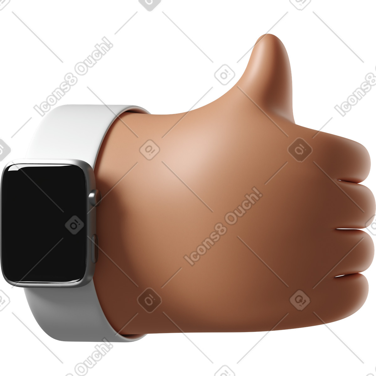 Ilustración Mano de piel bronceada con reloj inteligente apagado mostrando los pulgares hacia arriba en estilo 3D Hands Fun&Wild a descargar en PNG y SVG