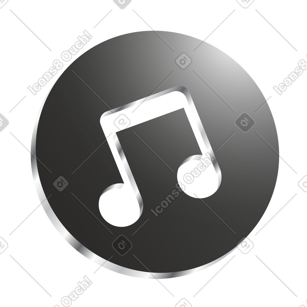Music note symbol on circular metallic button for audio illustration in Token style download in PNG, SVG