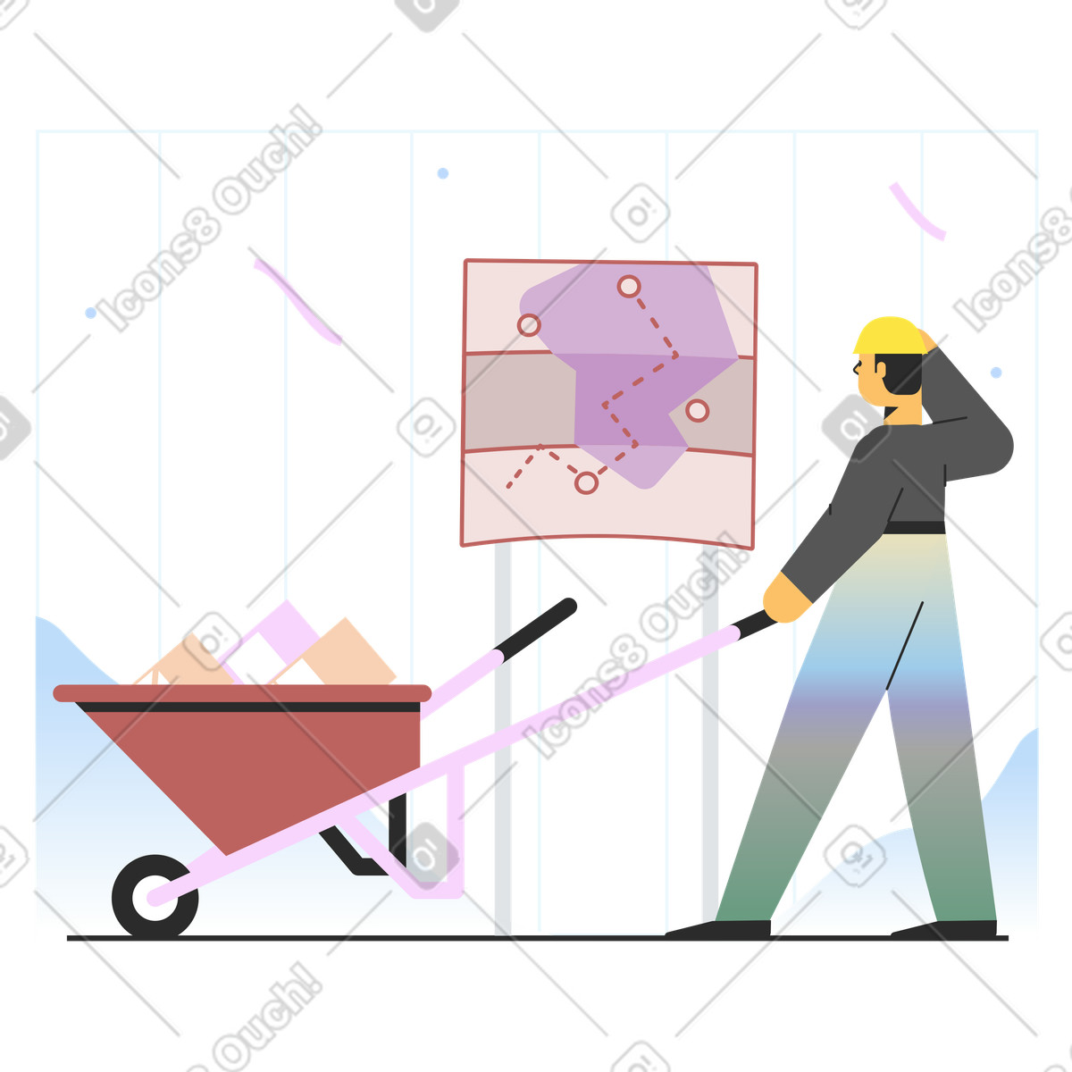 下载 Marginalia 风格的 有独轮车的人看地图 插画，支持 PNG、SVG 格式
