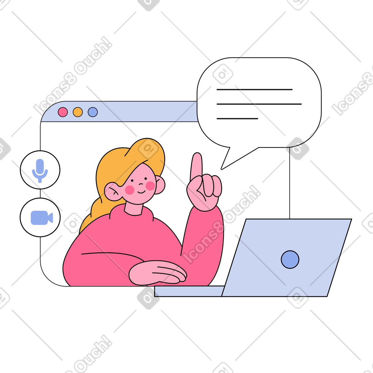 Woman speaking on online meeting illustration in Bloom style download in PNG, SVG