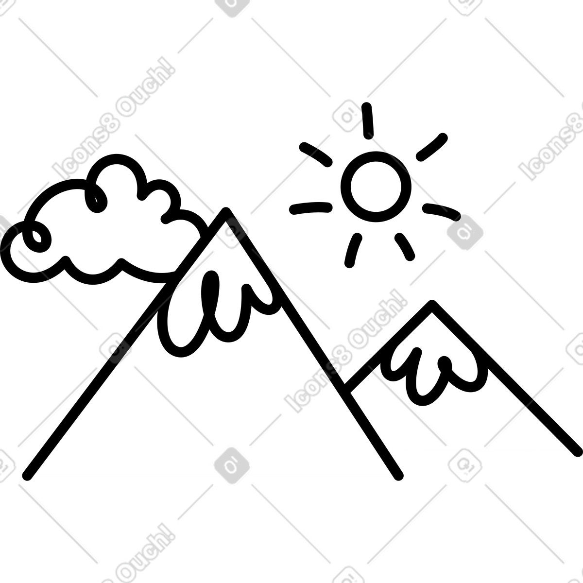 Notion Line Art スタイルの Sun shining over snowy mountain peaks and puffy cloud outline のイラストをPNG、SVG形式でダウンロード