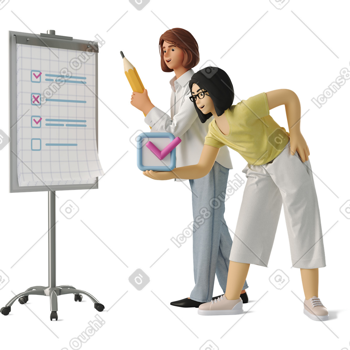 Impiegati che spuntano le attività sulla lavagna a fogli mobili, flusso di lavoro di pianificazione del progetto illustration in PNG, SVG