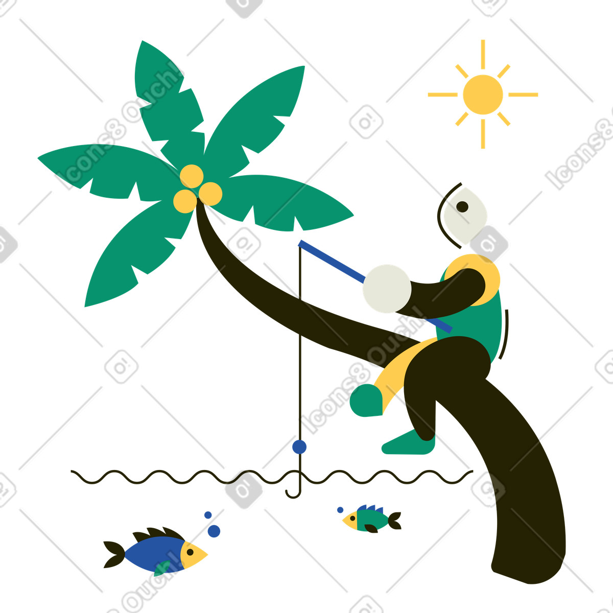 Mann fischt, während er auf einem palmenstamm sitzt-Illustration im Spot-Stil als Download in PNG, SVG