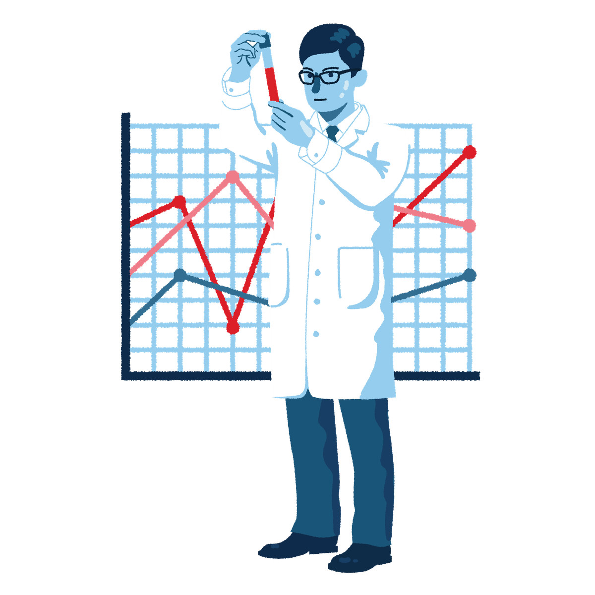Illustration Man with test tube doing a scientific experiment dans le style Cherry à télécharger aux formats PNG, SVG