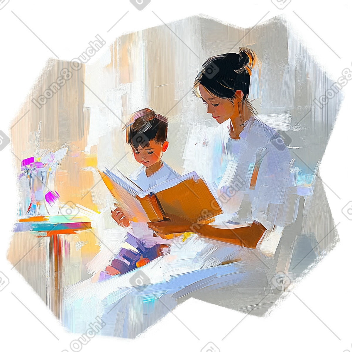 Oil painting of a woman reading book to boy illustration in Pictorial style download in PNG, SVG