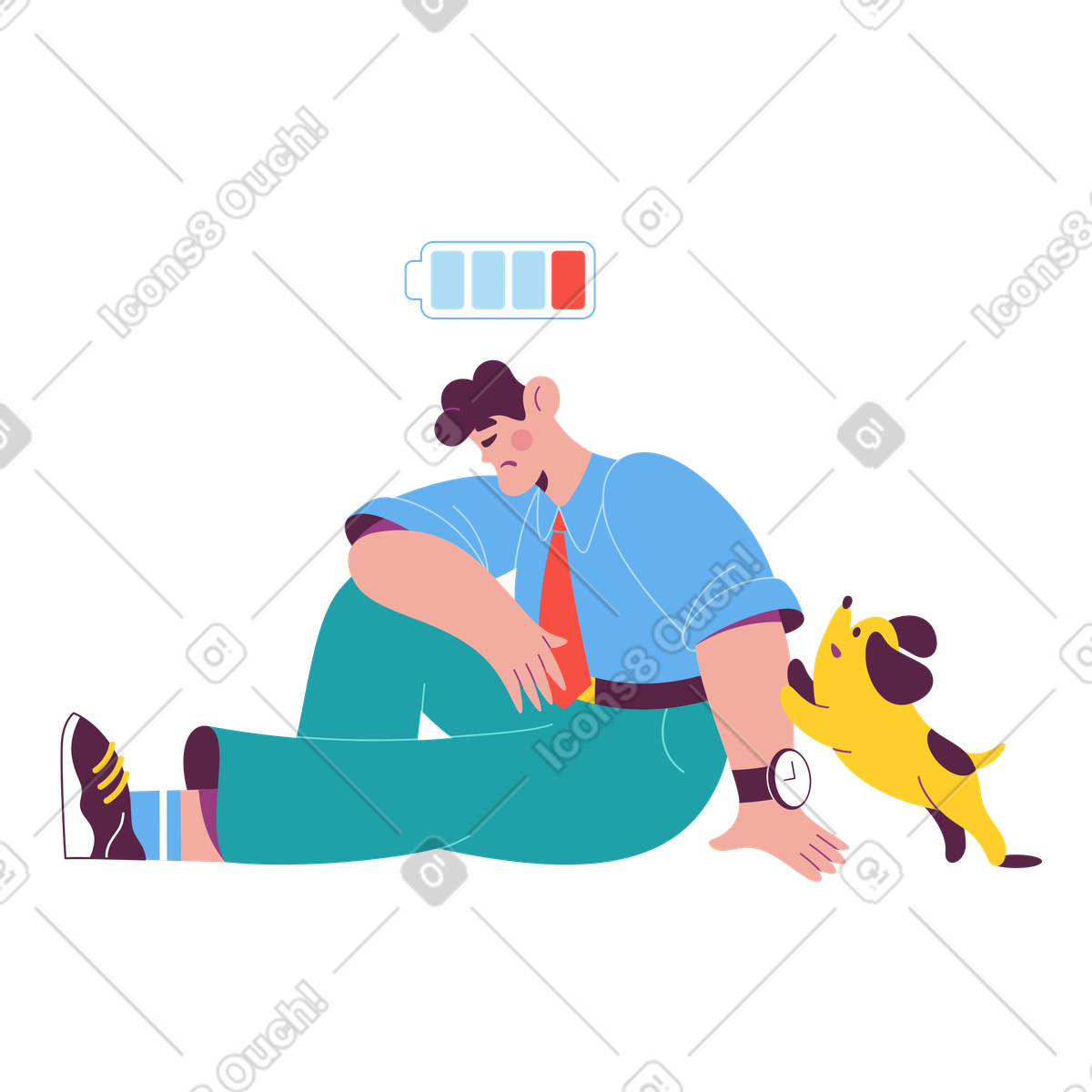 Ilustración Exhausted worker sitting with dog, Time to rest or take a break en estilo Sammy descargar en PNG y SVG
