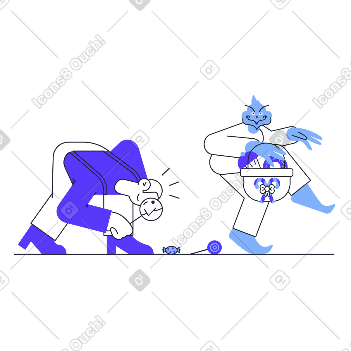 Ilustración Un hombre busca pruebas mientras ladrón se escabulle en estilo Pablita a descargar en PNG y SVG