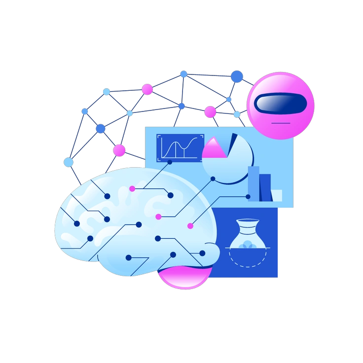 A brain connected to data and science elements - Glossy style illustration
