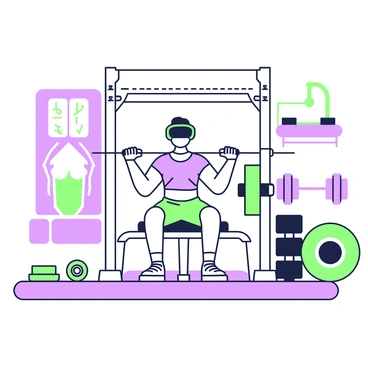 A virtual reality gym environment is depicted with a player in the center engaged in seated cable rows. The player is wearing a headset and has a focused expression. They are seated on a bench with a cable machine in front of them, gripping the handles firmly. The machine features adjustable weights, and the cables are taut as the player pulls them towards their body. Surrounding the player, there are various gym equipment items such as free weights, a bench press, and exercise mats. Soft lighting illuminates the room, highlighting the different workout areas.