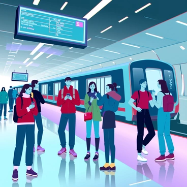 A bustling underground metro station filled with commuters. The station features high-tech digital displays showing train schedules, and the walls are lined with sleek metallic panels. A diverse group of commuters, including men and women of various ethnicities, are standing on the platform, some checking their phones, while others converse. The sound of a train approaching can be heard in the distance. Bright, artificial lighting illuminates the scene, creating reflections on the polished floor. In the background, a futuristic train arrives, its doors opening to welcome passengers.