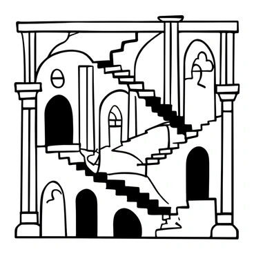 A staircase that twists and turns in an impossible loop, creating an optical illusion. The steps are depicted at various angles, with some leading to other steps in unconventional directions. Architectural elements like pillars and arches frame the staircase, enhancing its complexity. The background consists of geometric patterns that complement the staircase's design. Shadows cast across the staircase add depth and emphasize the three-dimensional effect of the structure.
