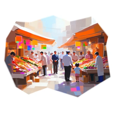 A bustling marketplace filled with various vendors selling an array of goods, including colorful fruits, vegetables, handmade crafts, and textiles. Stalls are arranged in rows with vibrant banners, showcasing their offerings. In the center, several officials in formal attire are observing the transactions and interactions between vendors and customers. The scene is lively, with people haggling and exchanging money, creating a dynamic atmosphere. The sunlight filters through the awnings, casting interesting shadows on the ground. Some children are playing nearby, adding to the lively ambiance of the marketplace.