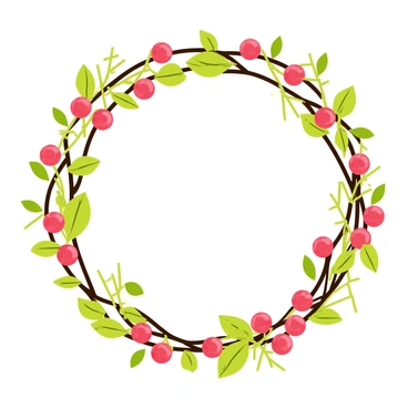 A circular festive wreath made of intertwined twigs and branches. The wreath is adorned with clusters of vibrant red dried raspberries placed evenly around its circumference. Lush green foliage, including various leaves and small sprigs, is interspersed throughout the wreath, adding depth and texture. The overall composition showcases a harmonious blend of colors and natural elements, creating a cheerful and inviting decoration.
