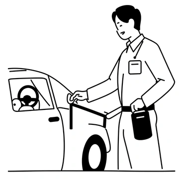 An inspector is standing beside a car, pulling on a seatbelt to ensure it locks properly. He is wearing a uniform with a badge and has a focused expression on his face. The seatbelt is clearly visible, showing his hand gripping it as he tests the locking mechanism. The car is parked with its door open, and the interior can be seen with the steering wheel and dashboard in the background. A notepad and pen are tucked into his pocket, indicating that he is performing a thorough inspection.