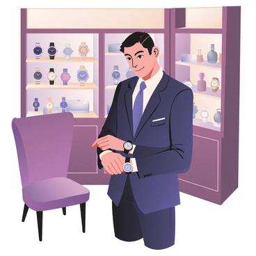 A sophisticated consumer stands in a luxury watch store, examining an elegant watch. The consumer is dressed in a tailored navy blue suit, complemented by a crisp white shirt and a matching silk tie. The watch is a shiny silver timepiece with a classic round face, featuring Roman numerals and a delicate leather strap. The store's interior is adorned with polished wooden display cases, showcasing various high-end watches. Soft lighting accentuates the sleek design of the watches. A plush velvet chair is positioned nearby, enhancing the luxurious atmosphere of the store. The consumer has a focused expression, carefully assessing the watch as they hold it up to their wrist.