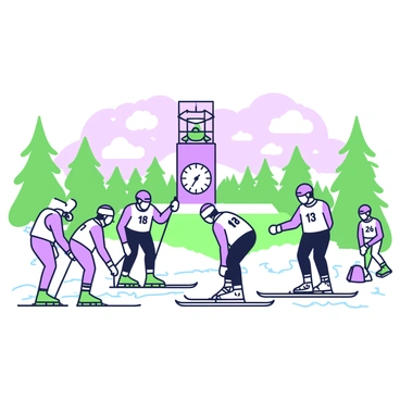 A biathlon stadium is filled with freshly fallen snow. In the foreground, several skiers are preparing for the race, adjusting their gear and checking their skis. Each skier is wearing a distinct uniform, with some featuring numbers on the back. In the background, a large clock tower stands, marking the time until the race starts. Snowflakes are gently falling from a cloudy sky, creating a serene atmosphere. The stadium is surrounded by tall evergreen trees dusted with snow, adding to the winter scene.