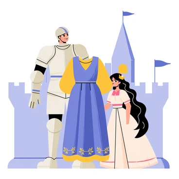 A knight in shining silver armor stands confidently, holding a rich, flowing medieval dress in shades of royal blue and gold. The dress has intricate embroidery along the hem and sleeves, showcasing detailed patterns of flowers and vines. The knight's helmet is tucked under his arm, revealing a determined expression. In front of him, a princess with long, flowing hair, adorned with a delicate crown, gazes at the dress with wide eyes of admiration. She is wearing a simple but elegant gown in pastel colors, and the background features a castle with stone walls and banners fluttering in the gentle breeze.