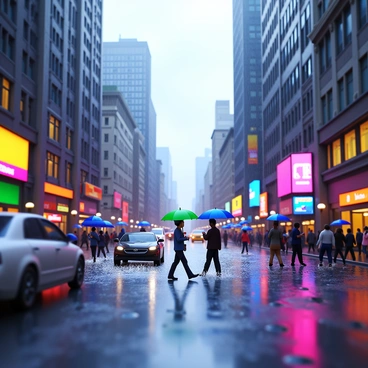 A busy city street filled with people holding umbrellas. Raindrops are falling from the cloudy sky, creating a sense of motion. The wet pavement reflects colorful neon signs and the silhouettes of pedestrians. Cars are driving through puddles, splashing water. The buildings on each side of the street rise tall, their windows glistening with rain. "A busy city street in the rain" is visible on a digital billboard.