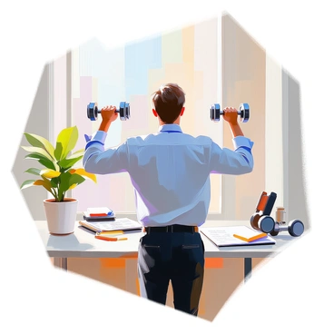 An office worker with short brown hair is wearing a blue dress shirt and black pants, performing lateral raises with a pair of small dumbbells in a modern office environment. The background features a large window with natural light streaming in, illuminating a desk cluttered with office supplies. A potted plant sits nearby, adding a touch of greenery to the space. The worker is focused on maintaining proper form while lifting the dumbbells to shoulder height, showcasing determination during their break.
