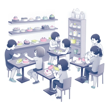 A cake shop filled with children eagerly participating in a cake decorating workshop. There are several small tables, each adorned with various tools and colorful decorations. Children are focused on their individual cakes, some spreading icing while others are placing sprinkles and edible decorations on top. The atmosphere is lively, with children smiling and collaborating, sharing ideas and techniques. Various partially decorated cakes are scattered around, showcasing unique designs and creativity. The walls are lined with shelves displaying beautifully crafted cakes and various baking supplies.