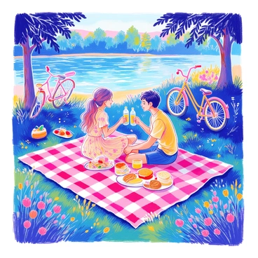 A couple is seated on a large checkered blanket spread out on the grassy bank of a river. They are sharing a variety of picnic foods, including sandwiches, fruit, and a bottle of sparkling water. The woman has long hair tied back in a ponytail, wearing a light summer dress with floral patterns, while the man is dressed in a casual t-shirt and shorts. Nearby, two bicycles are parked against a tree, with their colorful frames contrasting against the greenery. The river flows gently beside them, reflecting the clear blue sky above. There are wildflowers scattered around the picnic area, adding splashes of color to the scene.