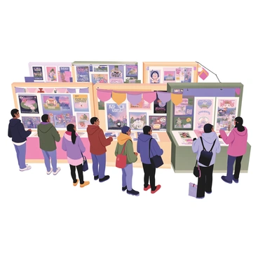 A bustling art fair scene featuring multiple booths lined up closely together. Each booth is showcasing a variety of colorful and vibrant posters, with intricate designs and bold typography. There are also displays of book illustrations, depicting whimsical characters and imaginative landscapes. Art enthusiasts are gathered around the booths, some examining the artwork closely while others are engaged in conversation. Brightly colored banners are hanging above some of the booths, adding to the lively atmosphere. People of diverse backgrounds are seen enjoying the fair, with some carrying art supplies and bags. The overall setting is lively and filled with creative energy.