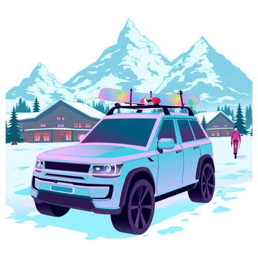 A silver Range Rover parked at a ski resort, its glossy surface reflecting the sunlight. The vehicle has a roof rack with two colorful snowboards and several sets of skis securely fastened. In the background, tall snow-covered mountains rise majestically, and a cluster of wooden chalet-style buildings dot the landscape. The ground is blanketed with fresh, powdery snow, and a clear blue sky adds to the winter atmosphere. A few people in winter gear can be seen walking in the distance, heading towards the ski lifts.