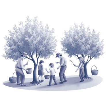 A group of families and workers is engaged in the activity of picking olives in an olive grove. Some individuals are using hand-held tools to carefully gather olives from the branches. Others are seen placing the harvested olives into large baskets positioned on the ground. The trees are abundant, with rich foliage providing a lush backdrop. The workers, wearing sun hats and practical clothing, are moving energetically among the trees, demonstrating a sense of teamwork and community during this busy harvest season.