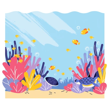 An underwater scene showcasing a vibrant coral reef filled with various colored corals, including red, purple, and yellow corals. Numerous fish swim around, including a school of small yellow fish and a larger blue fish with distinct patterns. Bubbles rise from the sea floor, and a curious sea turtle glides through the water near the reef. Sunlight filters down from above, casting dappled light on the sandy sea floor.