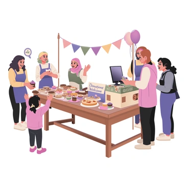 A digital flat illustration depicting a lively bake sale at a local fair. In the center, there is a large wooden table covered with an assortment of baked goods, including colorful cupcakes, cookies, and pies neatly arranged on decorative plates. Several people are standing around the table, engaging in friendly conversation. On the left, a woman with curly hair, wearing an apron, is handing a chocolate cupcake to a child with pigtails, who is reaching out excitedly. On the right, a man with glasses is putting coins into a donation box that is decorated with a cheerful sign reading "Donations Welcome". In the background, colorful banners and balloons add to the festive atmosphere of the fair. Bright sunlight is illuminating the scene, creating a cheerful ambiance.