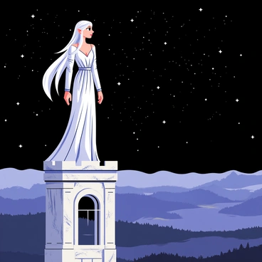 A female elf figure, resembling "Galadriel," stands confidently atop a tall stone tower. The tower has intricate carvings and a weathered appearance, showcasing its age and grandeur. "Galadriel" has long, flowing silver hair that cascades down her back. She wears a flowing gown that shimmers with hints of silver and blue, reflecting the starry sky above. Her expression is serene as she gazes out over a sprawling landscape illuminated by a multitude of stars. The land below features rolling hills and distant forests, creating a serene and magical atmosphere. The stars twinkle brightly in the dark sky, adding a sense of wonder to the scene.